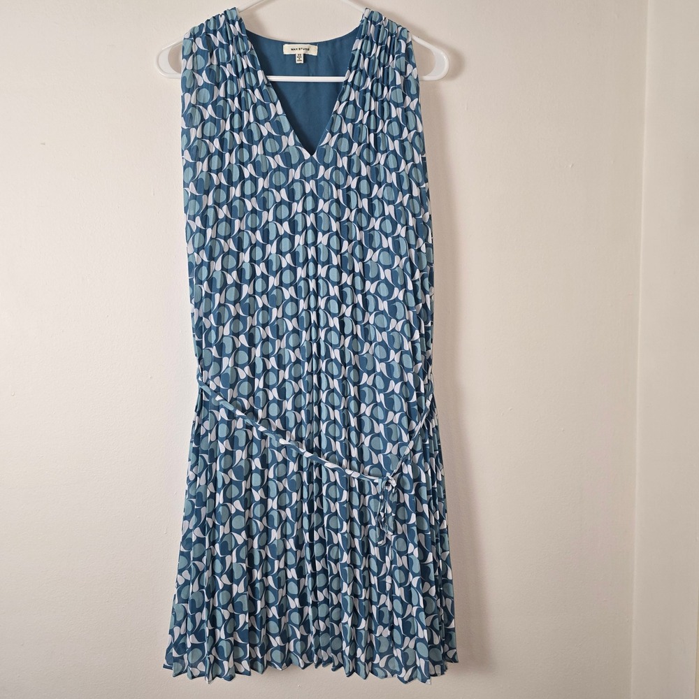 Max Studio Dress Womens Extra Small Blue Sleeveless V Neck Pleated